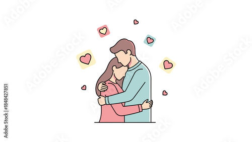 Loving Couple Embrace with Hearts, Romantic Illustration
