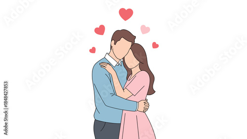 Loving Couple Sharing Romantic Kiss Surrounded by Hearts