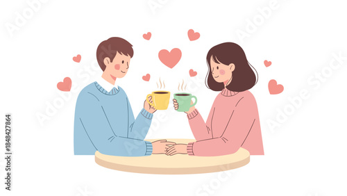Loving Couple Sharing Coffee Date with Hearts Around Them