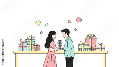 Romantic Couple Exchanging Gifts on Valentine's Day with Colorful Presents