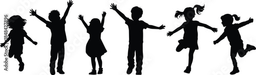 Silhouettes of children jumping and dancing with raised arms showing playful energy, happiness, and childhood movement