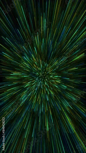 Abstract zoom in visuals of leading lines, neon beams in blue and green tones, high speed sci-fi animation, and a tech themed background. Vertical looping 4K animation.
