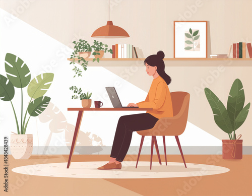 Remote Work Lifestyle Concept Illustration of Person Working on Laptop at Home