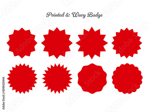 赤いギザギザのバッジセット、強調・ポイント表示用に使える装飾素材