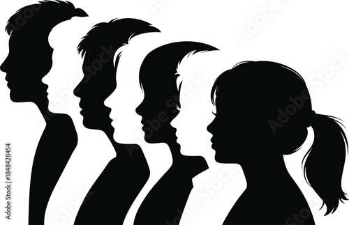 Silhouettes of diverse human profiles in side view showing individuality, identity, and variation in hairstyle and head shape