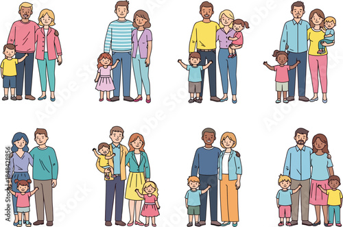 Diverse family groups of different ethnicities and ages standing together in various casual outfits and hairstyles