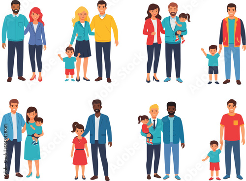 Diverse family groups and adults standing together in casual clothing