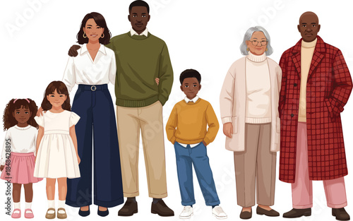 Diverse multi generational family standing together in a line