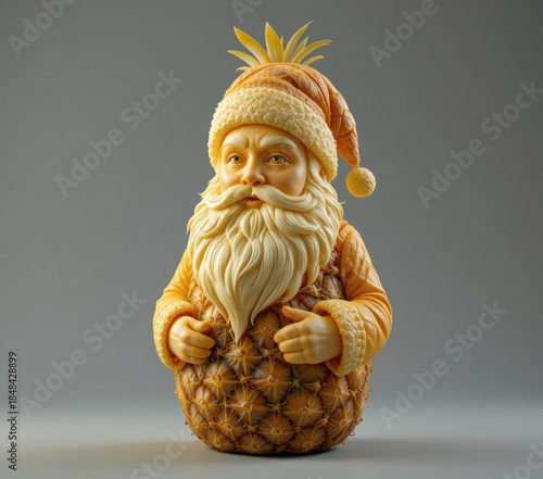 Whimsical sculpture of Santa Claus with pineapple body, blending festive cheer with tropical vibes. detailed carving showcases Santa traditional features with playful twist