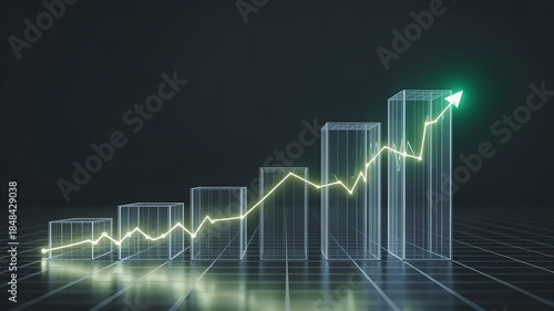 Glowing Financial Growth Bar Chart with Rising Arrow on Dark Grid Background.