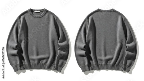 Front and back view of a gray sweater mockup isolated on white background