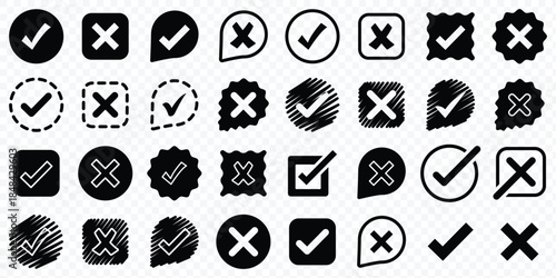 Tick and Cross checkmark vector icons. Simple check mark symbol for approval and success. Check mark icon set. Check box icon with right and wrong buttons and yes or no checkmark icons. eps 10
