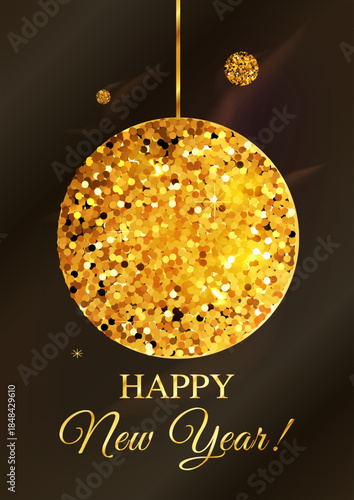 New Year with Christmas Glitter Golden Ball Vector Card