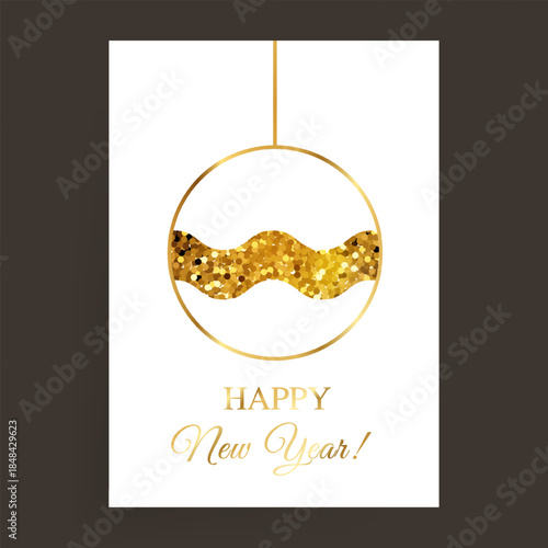 New Year with Christmas White Glitter Golden Ball Vector Card
