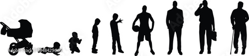 Silhouettes of human life stages from baby to elderly showing growth, aging, and life progression in side view