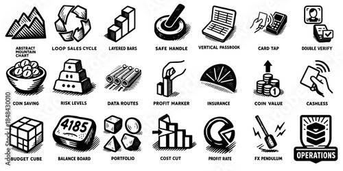 金融・ビジネスオペレーションの抽象アイコンセット、Abstract Finance & Business Operations Icons Set.