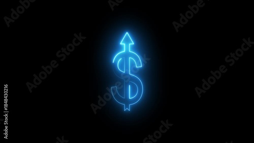 Neon Glowing Dollar Symbol with Upward Arrow Icon Animation on Black Background, Looping Income and Revenue Growth Symbol, Market Upward Trend, Financial Profit Concept for Business Finance UI