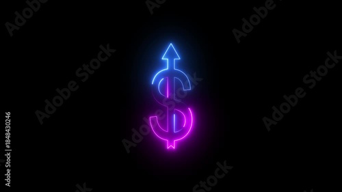 Neon Glowing Dollar Symbol with Upward Arrow Icon Animation on Black Background, Looping Income and Revenue Growth Symbol, Market Upward Trend, Financial Profit Concept for Business Finance UI