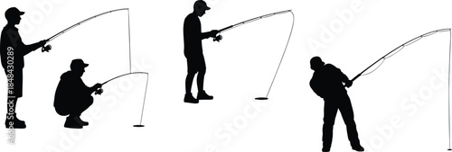 Silhouettes of people fishing with bent rods over surface holes showing technique, tension, and outdoor activity