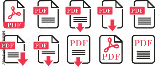 PDF File Format icon set. PDF file download symbols. Format for texts, images, vector images, interactive forms. Type document, symbol web format information, file format symbol. Vector illustration.