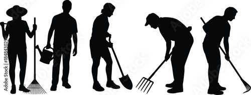 Silhouettes of people gardening with rake, shovel, pitchfork, and watering can showing outdoor work and yard care