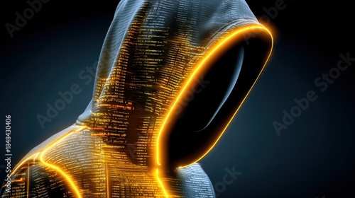 Futuristic faceless hacker wearing a hoodie with glowing digital data code for cybersecurity and virtual identity concept