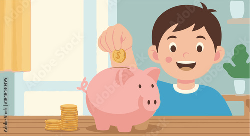 Cheerful young boy learns financial responsibility by happily depositing a coin into a classic pink piggy bank, symbolizing early saving habits and smart money management for children