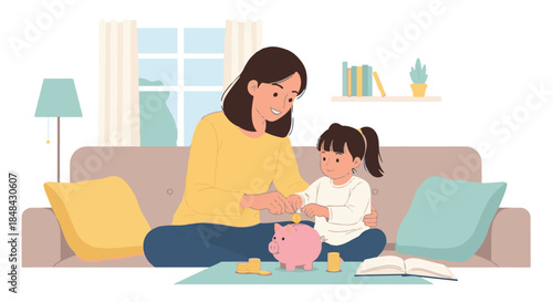 Mother teaching her child about saving money by putting coins into a piggy bank, an illustration depicting financial education at home