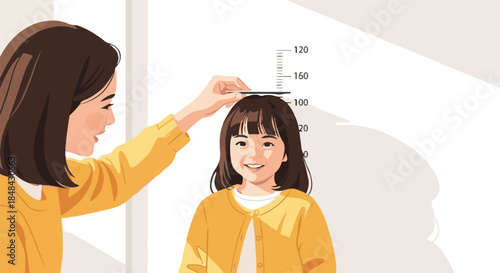 A mother measuring her daughter's height against a wall-mounted ruler, symbolizing growth and development