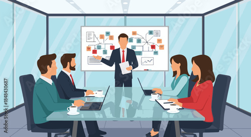 Engaged business team collaborates in a modern conference room, attentively listening to a presenter outlining strategic project plans and analyzing data on a whiteboard during a corporate meeting