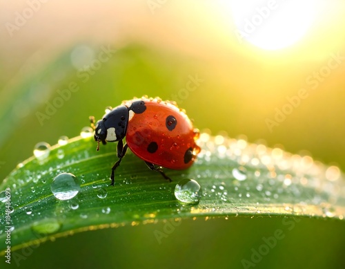 Close-up of a ladybug on a dewy blade of grass at sunrise