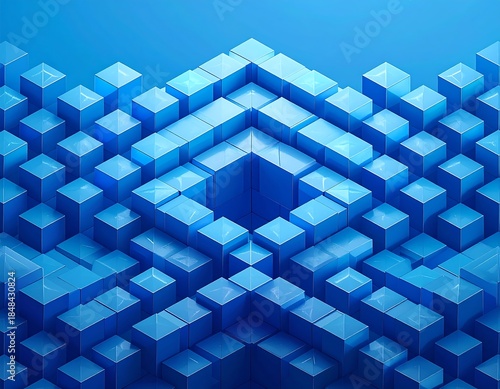Isometric, symmetrical composition of 3D cubes in shades of blue
