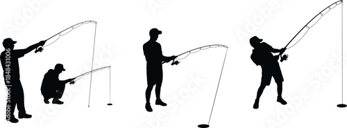 Silhouettes of people ice fishing with rods showing winter activity, posture, and outdoor fishing technique on frozen surface