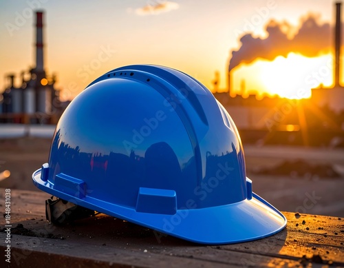 Close-up of blue safety helmet with industrial background at sunset