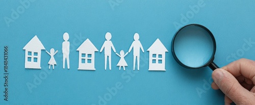 A hand holding a magnifying glass examines a row of paper cutout people and houses.