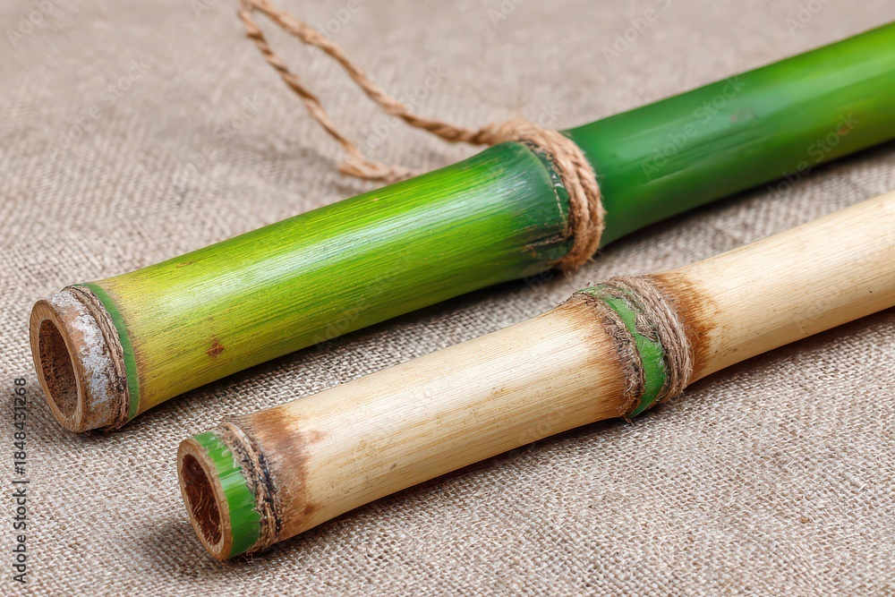 Fototapeta premium Green and Beige Bamboo Sticks Tied With Twine on Textured Beige Fabric Background in Natural Light for Crafts or Decoration