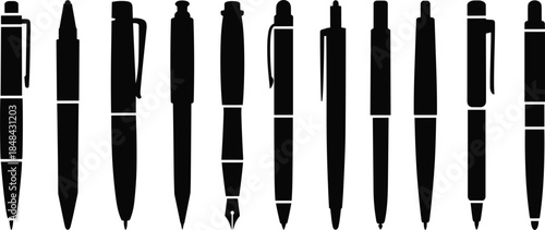 Assortment of black pen silhouettes arranged in a row on a white background writing instrument stationery
