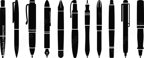 Assortment of Pen and Pencil Silhouettes on White Background Keywords: pen, pencil, writing, stationery, office, school