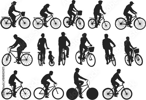 Assortment of Silhouettes of People Riding Bicycles in Different Scenarios Keywords: bicycle, cycling, silhouette, rider, person