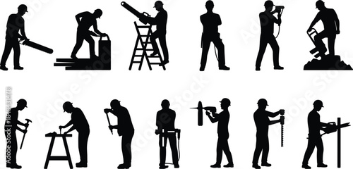 Black silhouette construction workers performing various tasks with tools on white background Keywords: construction, worker