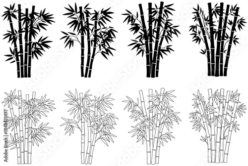 Set of four black and white bamboo clumps in silhouette and outline styles for graphic design and decoration generated with ai