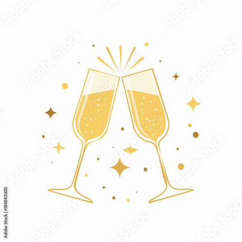 Golden champagne glasses clinking in celebration with sparkles