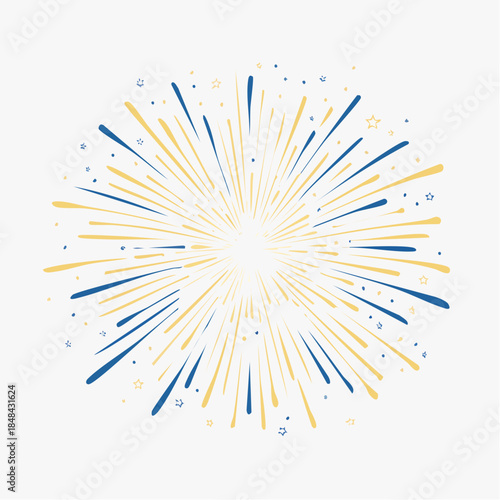 Vibrant yellow and blue celebration burst with dynamic lines and stars