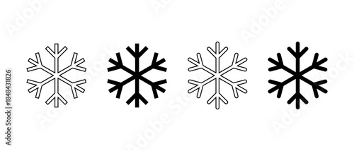 Snowflake icon set in outline and solid style. Winter, cold weather, frost, and snow symbol