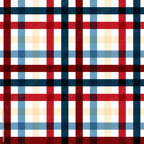 A seamless, modern geometric plaid pattern featuring a classic combination of red, navy blue, light blue, and cream colors