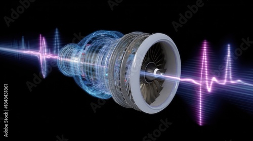 Jet Engine Sonic Visualization: An artistic depiction of a jet engine, showcasing the complex interplay of sound waves and mechanical components, symbolizing power and innovation.