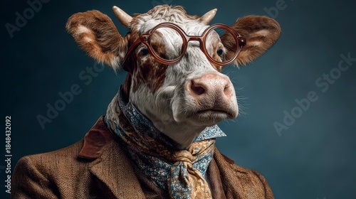 A close-up studio portrait of a cow wearing round glasses, a patterned scarf, and a tweed blazer against a dark blue background