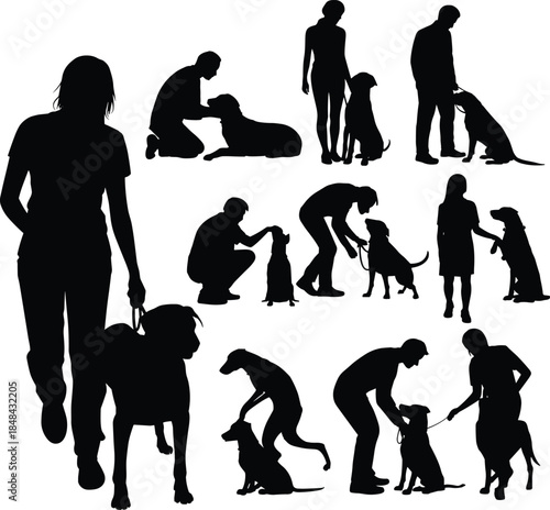 Silhouettes of people interacting with dogs in various activities showing companionship, training, play, and mutual affection