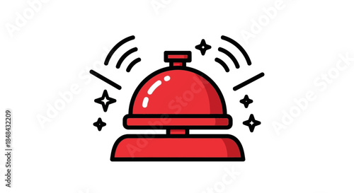 A bright red vintage service bell with radiating sound waves and sparkles, isolated on a clean white background