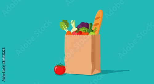 A brown paper grocery bag filled with fresh produce and a baguette, with a single tomato placed beside it on a teal background